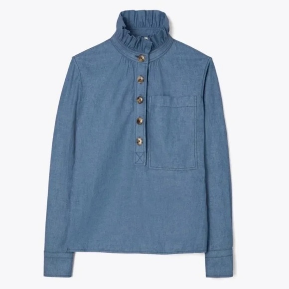 Tory Burch Chambray Ruffle Neck Blouse Size 2 Cotton Linen Blue - Picture 3 of 12